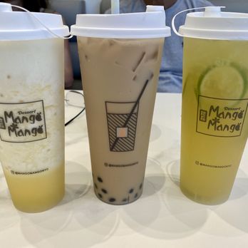 Mango Mango Dessert - Left: cheese foam pineapple tea. Middle: milk tea with boba. Right: Lime green tea - Juice Bars & Smoothies Near Me - Honolulu, Hawaii Mango Mango Dessert - Left: cheese foam pineapple tea. Middle: milk tea with boba. Right: Lime green tea - Juice Bars & Smoothies Near Me - Honolulu, Hawaii