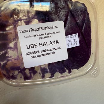 Valerio's Tropical Bake Shop - Don't buy the Ube Halaya. "Grated Ube" is listed as the main ingredient. This tastes like a lie. - Bakeries Near Me - Vallejo, California Valerio's Tropical Bake Shop - Don't buy the Ube Halaya. "Grated Ube" is listed as the main ingredient. This tastes like a lie. - Bakeries Near Me - Vallejo, California