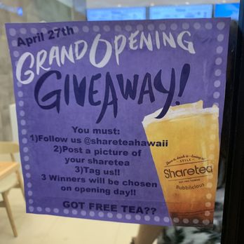 Sharetea - If you want free tea during their grand opening - Bubble Tea Near Me - Honolulu, Hawaii Sharetea - If you want free tea during their grand opening - Bubble Tea Near Me - Honolulu, Hawaii