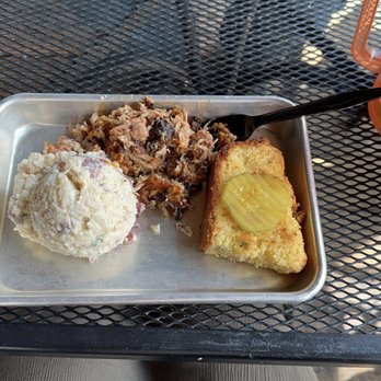 Edley's Bar-B-Que - Pork Platter w Potato Salad and Cornbread AND WHITE SAUCE - Barbeque Near Me - Chattanooga, Tennessee Edley's Bar-B-Que - Pork Platter w Potato Salad and Cornbread AND WHITE SAUCE - Barbeque Near Me - Chattanooga, Tennessee