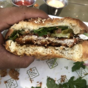 Camp Outpost - Flat chicken sandwich - New American Near Me - San Antonio, Texas Camp Outpost - Flat chicken sandwich - New American Near Me - San Antonio, Texas