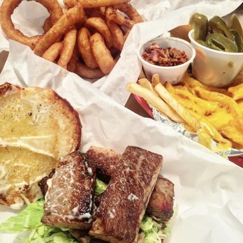 Maple and Motor - Delicious Flat Top Brisket Sandwich ($9.25), onion rings ($3.25), and Cheese fries ($5.50) - Burgers Near Me - Dallas, Texas