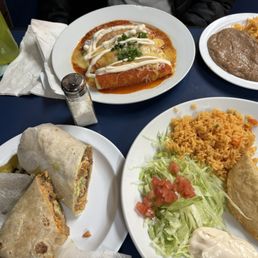 Enchilada (Tuesday-only dinner special), beans and rice, the best barbacoa burrito you'll find anywhere, crispy chicken empinadas Enchilada (Tuesday-only dinner special), beans and rice, the best barbacoa burrito you'll find anywhere, crispy chicken empinadas