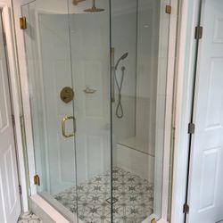 Neptune Glass And Mirror - 3 piece 90 degree frameless hinge door design.