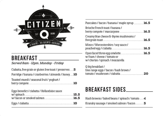 Menu photo 6 Citizen Q Auckland, AUK