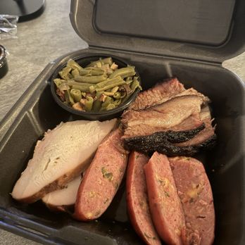 Mission BBQ - Three Meat Plate - Brisket, Jalapeño Cheddar Sausage and Turkey Breast and Green Beans with Bacon - Barbeque Near Me - Nashville, Tennessee Mission BBQ - Three Meat Plate - Brisket, Jalapeño Cheddar Sausage and Turkey Breast and Green Beans with Bacon - Barbeque Near Me - Nashville, Tennessee