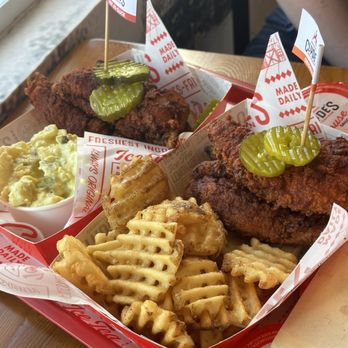 Clyde's Hot Chicken - Hot As Cluck Chicken Tender Combo with Potato Salad & Clyde's Original Chicken Tender Combo with Waffle Fries - Chicken Shop Near Me - Fullerton, California Clyde's Hot Chicken - Hot As Cluck Chicken Tender Combo with Potato Salad & Clyde's Original Chicken Tender Combo with Waffle Fries - Chicken Shop Near Me - Fullerton, California