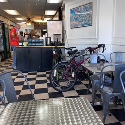 View from counter seating and the few tables available. View from counter seating and the few tables available.