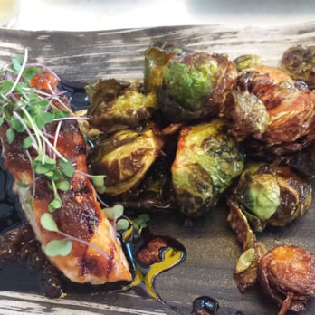 Makoto - Ponzu glazed salmon with crispy sautéed brussel sprouts - Japanese Near Me - Miami Beach, Florida Makoto - Ponzu glazed salmon with crispy sautéed brussel sprouts - Japanese Near Me - Miami Beach, Florida
