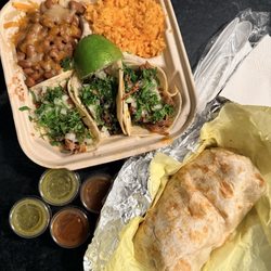 La Plancha - Tacos - Asada, Carnitas, Birria with rice and beans; Asada burrito (all not good).
