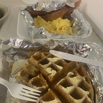 Firehouse Cafe - My Belgium waffle with scrambled eggs and bacon. - Breakfast & Brunch Near Me - Los Alamitos, California