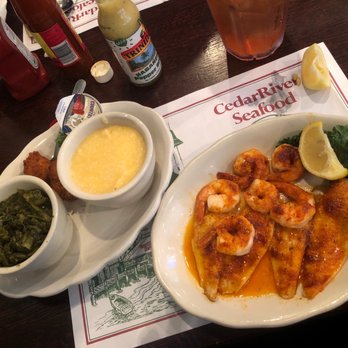 Cedar River Seafood - Broiled flounder, shrimp, cheese grits, and greens. - Seafood Near Me - Gainesville, Florida Cedar River Seafood - Broiled flounder, shrimp, cheese grits, and greens. - Seafood Near Me - Gainesville, Florida