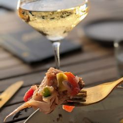Ama Cane Bay - The perfect bite: mahi, watermelon, red pepper, mango, and green pepper (paired with Chenin Blanc Viognier)