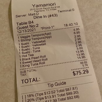 Yamamori - Receipt - Japanese Near Me - Pearland, Texas Yamamori - Receipt - Japanese Near Me - Pearland, Texas