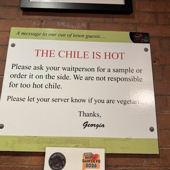 Tomasita's - Disclaimer for spice level - New Mexican Cuisine Near Me - Santa Fe, New Mexico