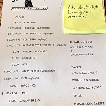 Barrett's Coffee - Simple menu. The $2.75 reg filter straight black is good stuff. a little bite. - Coffee Roasteries Near Me - Austin, Texas