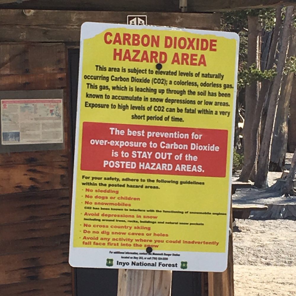 Horseshoe Lake - Carbon Dioxide Hazard Zone signs posted near parking area - Lakes Near Me - Mammoth Lakes, California Horseshoe Lake - Carbon Dioxide Hazard Zone signs posted near parking area - Lakes Near Me - Mammoth Lakes, California