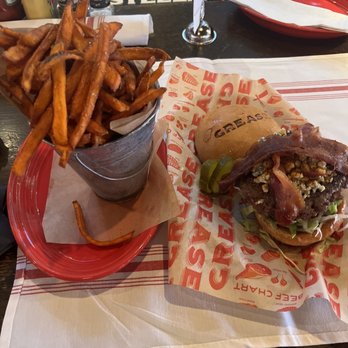 Grease Burger Beer and Whiskey Bar - Bleu Black and Blue Burger with Sweet Potato Fries - Burgers Near Me - West Palm Beach, Florida Grease Burger Beer and Whiskey Bar - Bleu Black and Blue Burger with Sweet Potato Fries - Burgers Near Me - West Palm Beach, Florida