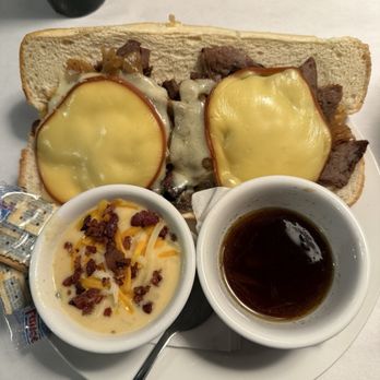 Red River Roadhouse - French Dip with a cup of Potato Soup - American Near Me - Clarion, Pennsylvania Red River Roadhouse - French Dip with a cup of Potato Soup - American Near Me - Clarion, Pennsylvania