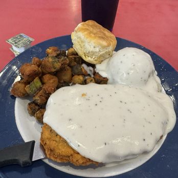 Blue Moon Cafe - Chicken Fried Steak, mashed potatoes with gravy and fried okra and a biscuit - Cafes Near Me - Ada, Oklahoma Blue Moon Cafe - Chicken Fried Steak, mashed potatoes with gravy and fried okra and a biscuit - Cafes Near Me - Ada, Oklahoma