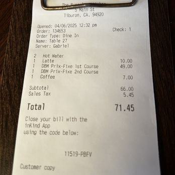 The Bungalow Kitchen - Our bill after removing one set meal - New American Near Me - Tiburon, California