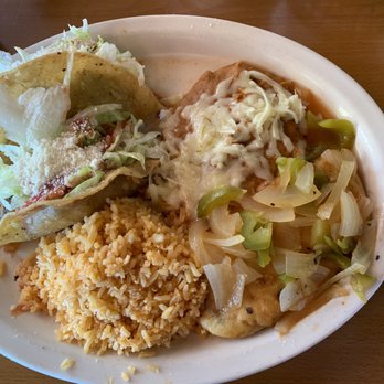 New Mecca Cafe - Two tacos, chili relleno, rice and refried beans. - Mexican Near Me - Pittsburg, California