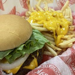 Steak ’n Shake - TPL cheeseburger combo, ketchup, mustard , tomato and lettuce, medium cheese fries.