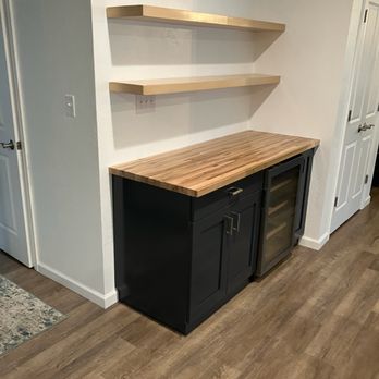 Lasser Woodworking - Floating shelves with wine fridge and storage with butcher block top below. - Furniture Repair Near Me - Pfafftown, North Carolina