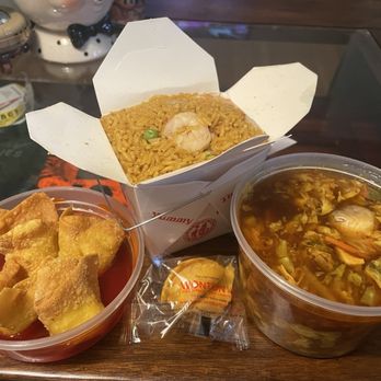 China Cafe - Left to right: - Crab Rangoon(4) $4.80 - Shrimp Fried Rice (pint) $7.50 - Hot and Sour Soup (pint) $3.95 - Chinese Near Me - Greensboro, North Carolina