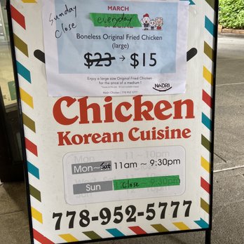 Nadri - "New" hours and chicken special - Korean Near Me - Burnaby, British Columbia