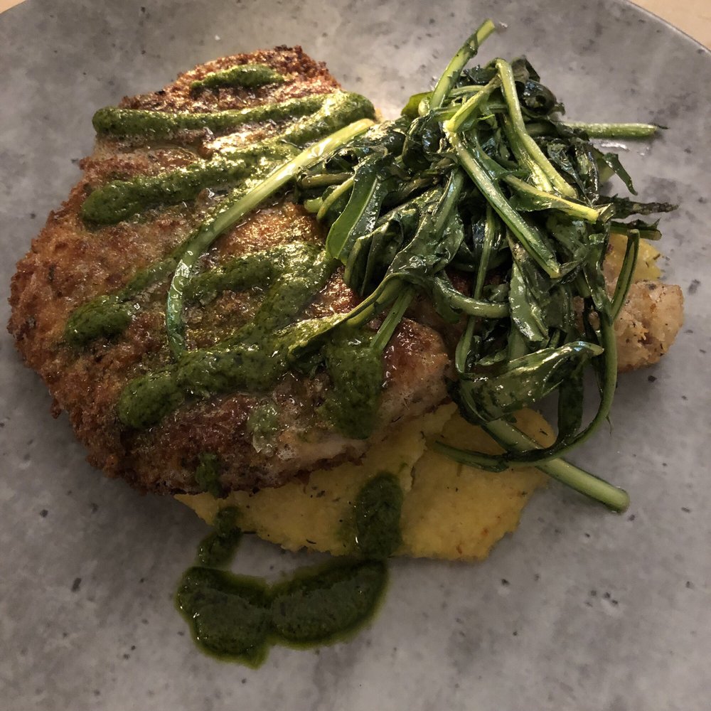 La Strega - Pollo Milanese with polenta and dandelion greens - Italian Near Me - Las Vegas, Nevada La Strega - Pollo Milanese with polenta and dandelion greens - Italian Near Me - Las Vegas, Nevada