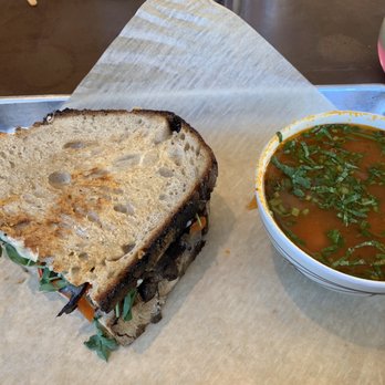Pondicheri Bake Lab + Shop - Mushroom masala half-sandwich with chickpea soup - Bakeries Near Me - Houston, Texas Pondicheri Bake Lab + Shop - Mushroom masala half-sandwich with chickpea soup - Bakeries Near Me - Houston, Texas