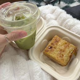Iced matcha lavender latte and lemon bar Iced matcha lavender latte and lemon bar