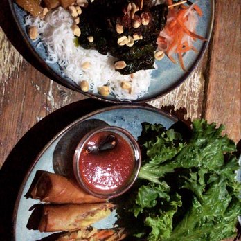 Reckless Noodle House - Bo la lot - Grilled Beef in Betel Leaves Dinner ($14), Mu Xu Roast Duck Crispy Roll ($9) - Bars Near Me - Seattle, Washington
