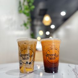 Almond Haus Cafe - Brown sugar boba milk tea with egg pudding. Thai tea with boba