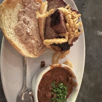 Salt + Smoke - sliced brisket sandwich with chili - Bars Near Me - Saint Louis, Missouri
