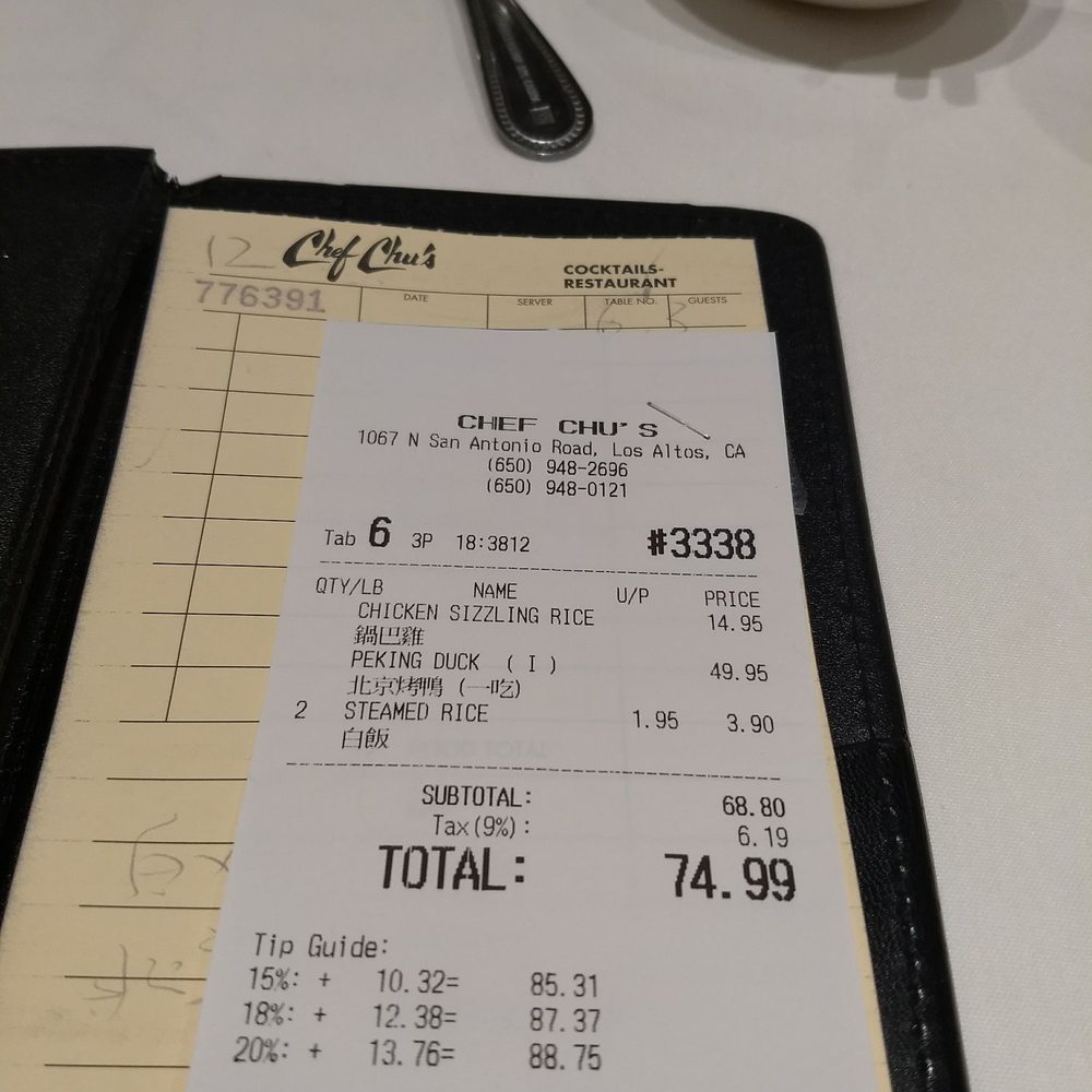Chef Chu's - Bill for Party of 3 - Chinese Near Me - Los Altos, California Chef Chu's - Bill for Party of 3 - Chinese Near Me - Los Altos, California