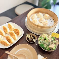 Steamed Yuzu Chicken Soup Dumplings (XLB) - 8pcs Broccoli with Creamy Sesame Sauce Pan Fried Flaky Fish and Napa Dumplings - 8pcs