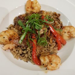 Vegetable Stir Fry with Shrimp Onion | pepper | mushroom | celery | garlic | long grain wild rice | FAB sauce | sesame seeds | scallions