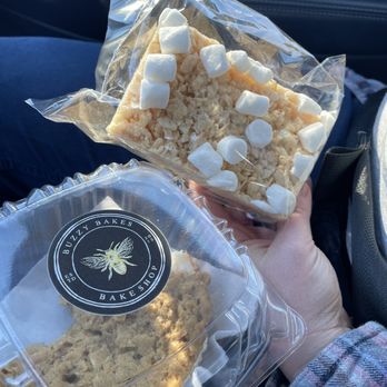 Buzzy Bakes Bakeshop  - Half eaten Oatmeal Cream Pie & Rice Crispy Treat - Coffee & Tea Near Me - Durham, North Carolina