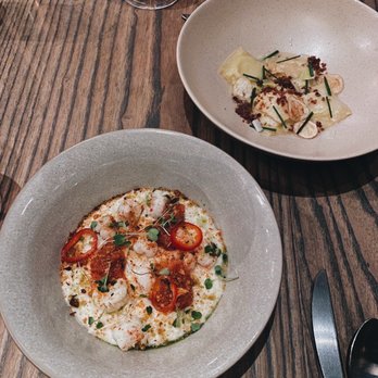 Trestle - Shrimp & grits and potato ravioli - New American Near Me - San Francisco, California Trestle - Shrimp & grits and potato ravioli - New American Near Me - San Francisco, California