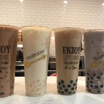 Teaspoon - house milk tea w grass jelly, Japanese rice milk tea w crystal boba, roasted tea crema w boba (shaken), taro lover w boba - Bubble Tea Near Me - Campbell, California