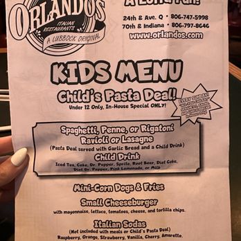 Orlando's Italian Restaurant - Kid's menu as of 7/20/2024 - Pizza Near Me - Lubbock, Texas Orlando's Italian Restaurant - Kid's menu as of 7/20/2024 - Pizza Near Me - Lubbock, Texas