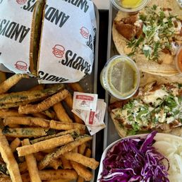 Super burger, zucchini, fish tacos