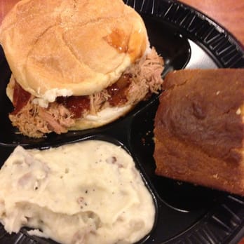 Willard's Real Pit BBQ - BBQ pulled chicken sandwich with mashed pots and cornbread - Barbeque Near Me - Chantilly, Virginia Willard's Real Pit BBQ - BBQ pulled chicken sandwich with mashed pots and cornbread - Barbeque Near Me - Chantilly, Virginia