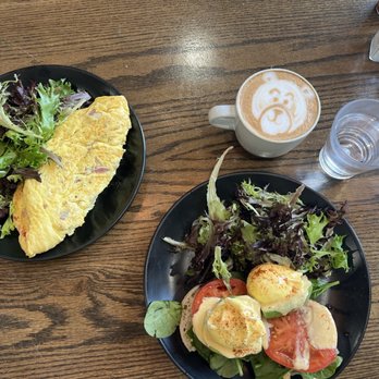 The Nest Cafe - Classic Omelette with a side salad and the Cowboy Benedict with a side Salad plus a great Mocha Latte !! - Breakfast & Brunch Near Me - Frisco, Texas