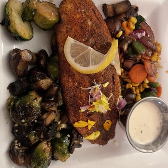 The Library Bar & Grill - Blue crab stuffed Red Fish, Brussel Sprouts & Mushrooms, seasonal vege medley. Tasty sides - New American Near Me - Sherman, Texas The Library Bar & Grill - Blue crab stuffed Red Fish, Brussel Sprouts & Mushrooms, seasonal vege medley. Tasty sides - New American Near Me - Sherman, Texas
