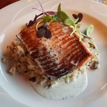 Moonstone Grill - King Salmon with jasmine rice, chanterelle mushrooms and lemon dill sauce - Seafood Near Me - Trinidad, California