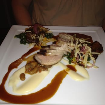 Deuxave - The pork trio. Looks like a bomb hit the plate. Yummy though. - New American Near Me - Boston, Massachusetts Deuxave - The pork trio. Looks like a bomb hit the plate. Yummy though. - New American Near Me - Boston, Massachusetts