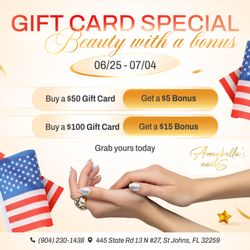 ANNABELLA'S NAILS GIFT CARD SPECIAL - BEAUTY WITH A BONUS!
Buy a $50 Gift Card & Get a $5 Bonus
Buy a $100 Gift Card & Get a